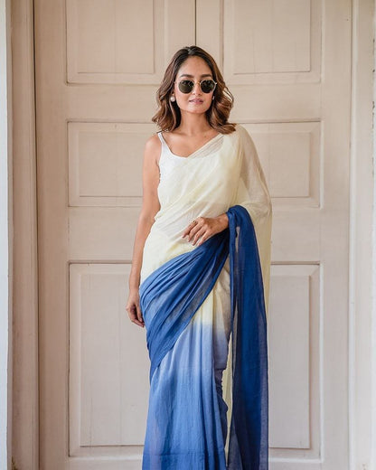 Off-White and Blue Linen Ombre Saree