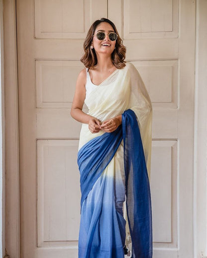 Off-White and Blue Linen Ombre Saree