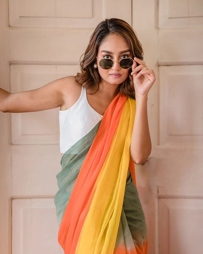 Sage Green, Orange and Yellow Linen Ombre Saree