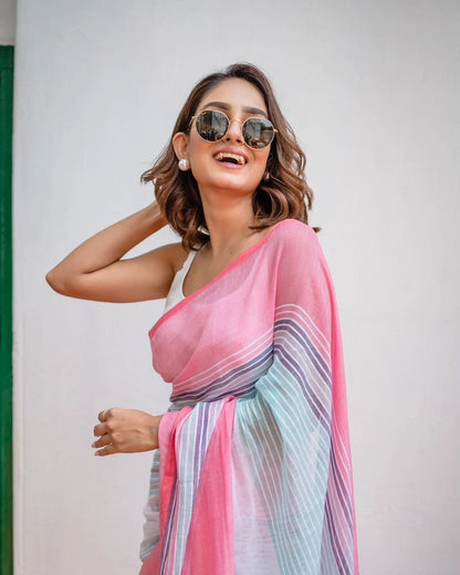 Pink and Pastel Linen Striped Saree