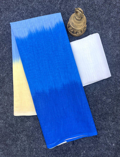 Off-White and Blue Linen Ombre Saree