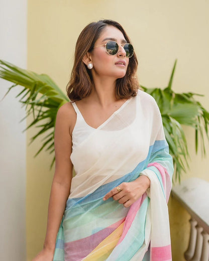 White Linen Saree with Pastel Rainbow Stripes