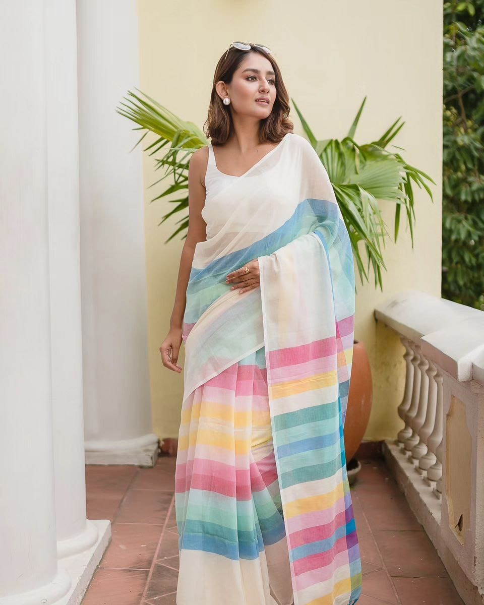 White Linen Saree with Pastel Rainbow Stripes