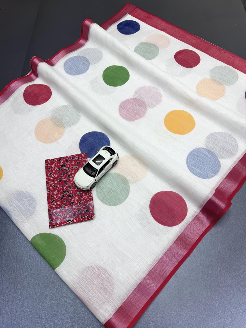 White and Red Linen Polka Dot Saree