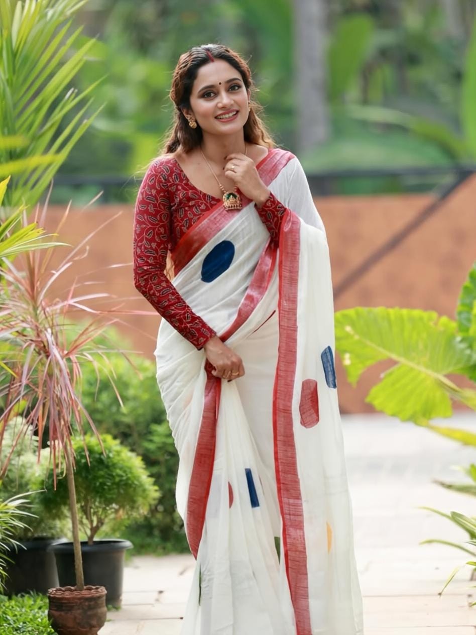 White and Red Linen Polka Dot Saree