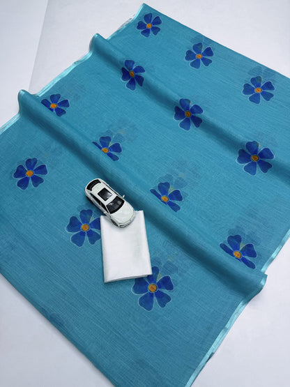 Light Blue Linen Saree with Large Floral Print