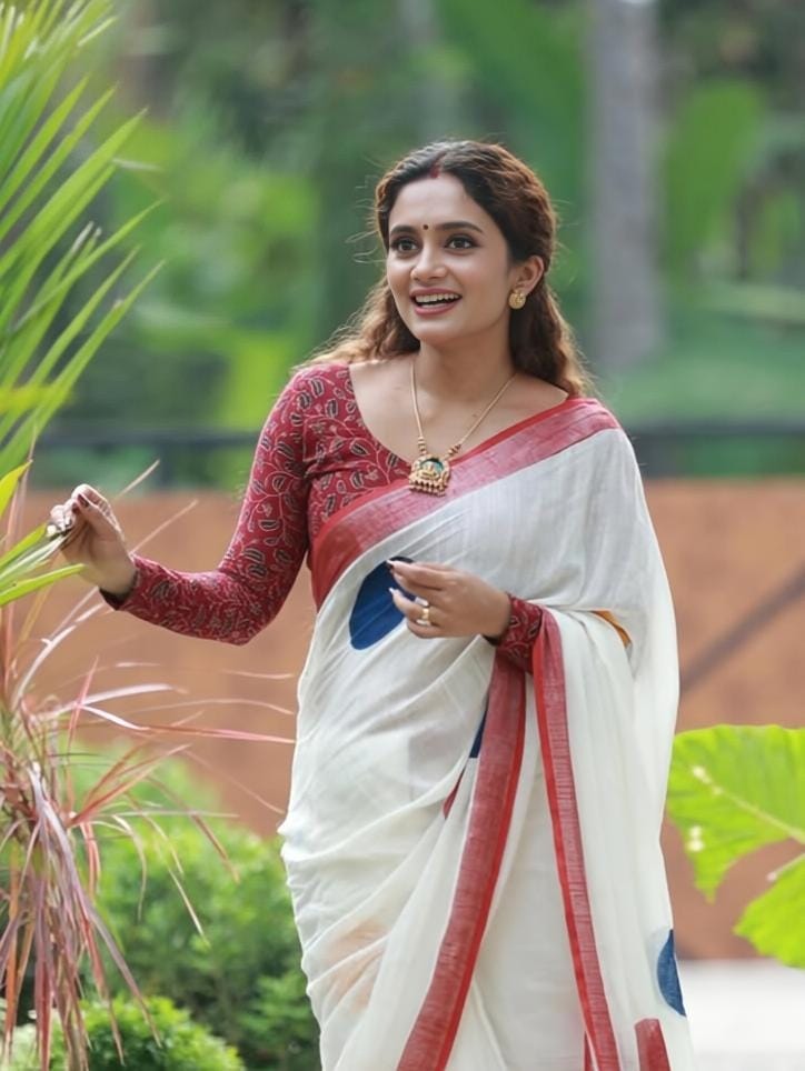 White and Red Linen Polka Dot Saree
