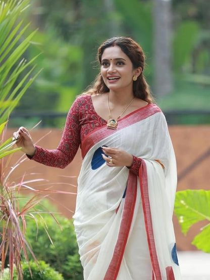 White and Red Linen Polka Dot Saree