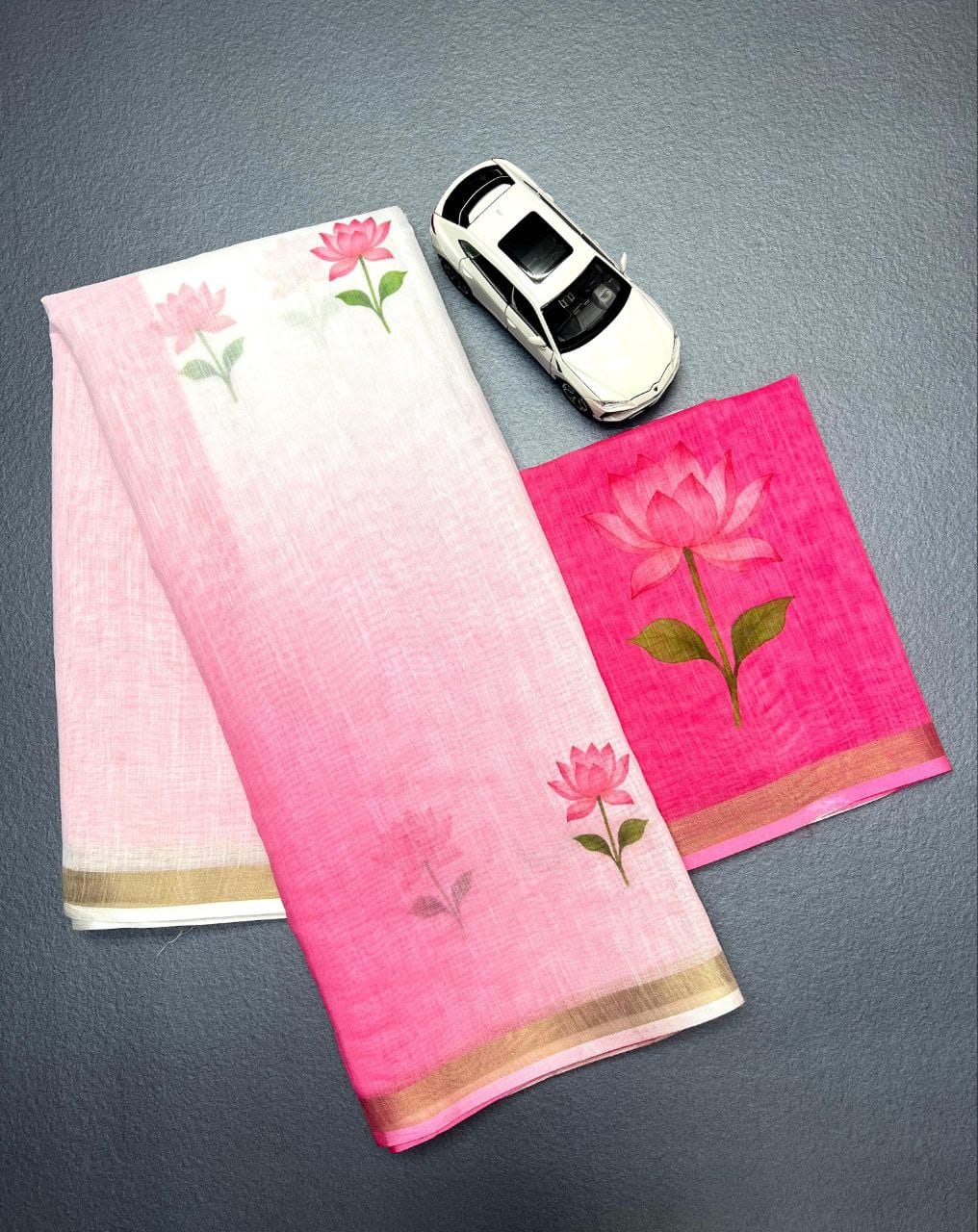 White and Pink Linen Lotus Print Ombre Saree