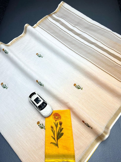White and Yellow Linen Ombre Saree with Floral Motifs