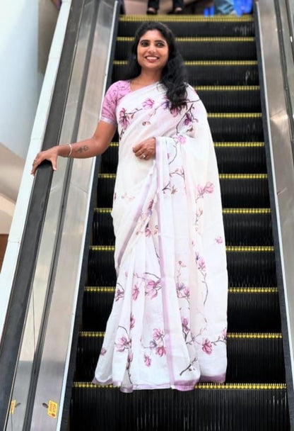 White and Purple Linen Saree with Floral Vine Print