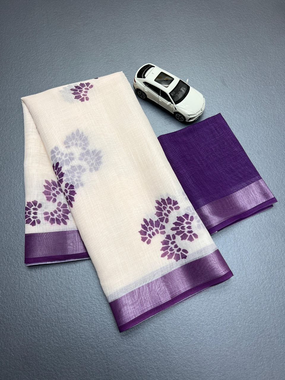Off-White Linen Saree with Purple Block Print