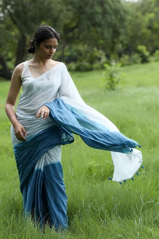 Light Blue and Deep Indigo Linen Dual Tone Saree