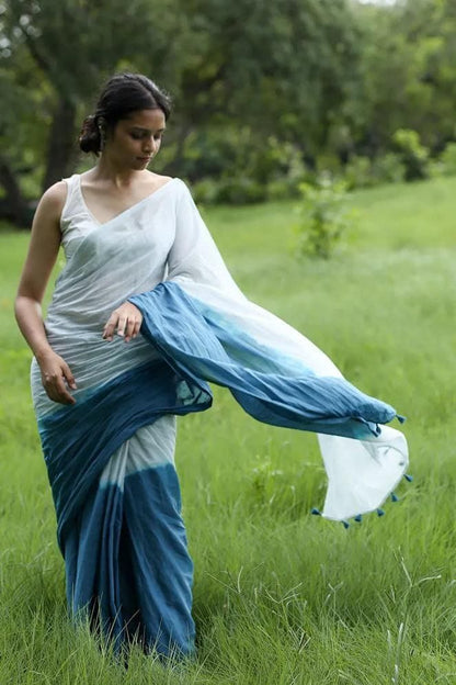 Light Blue and Deep Indigo Linen Dual Tone Saree