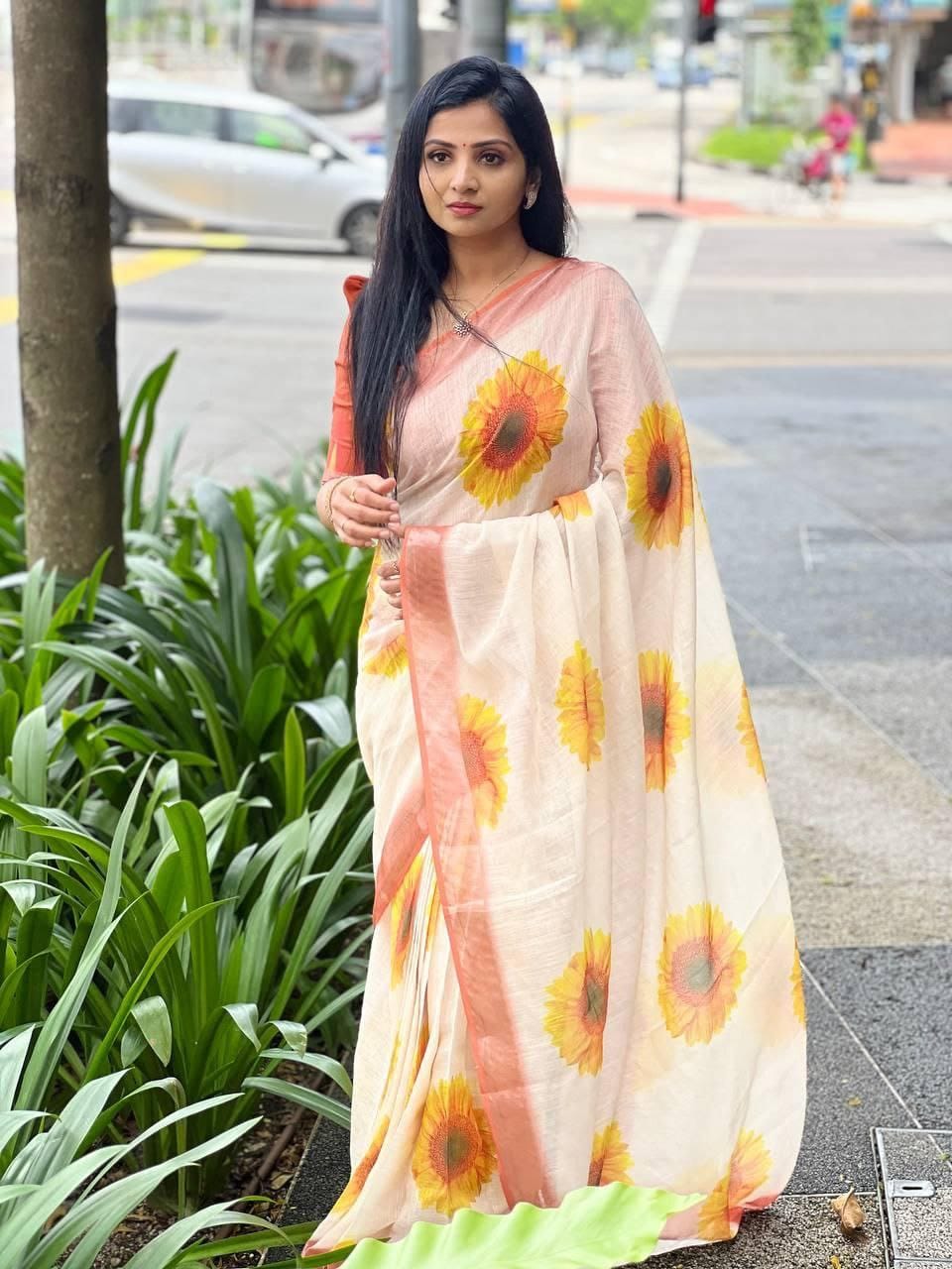 White and Rust Linen Saree with Sunflower Print