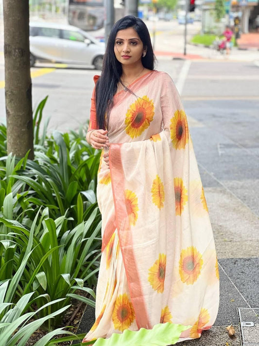 White and Rust Linen Saree with Sunflower Print