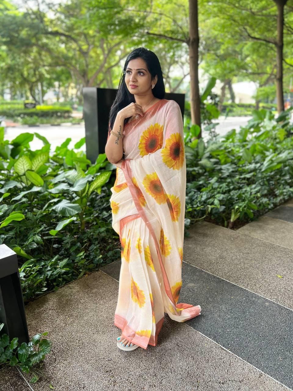 White and Rust Linen Saree with Sunflower Print