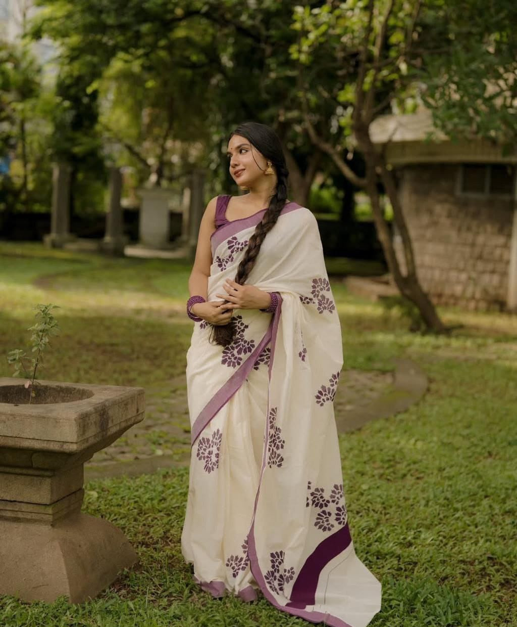 Off-White Linen Saree with Purple Block Print