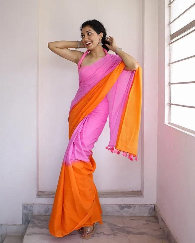 Pink and Orange Linen Dual Tone Saree