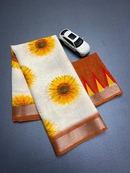 White and Rust Linen Saree with Sunflower Print
