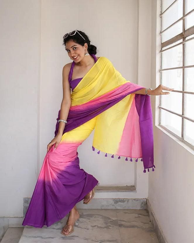 Yellow, Pink and Purple Linen Tri-Tone Saree