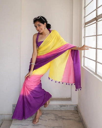 Yellow, Pink and Purple Linen Tri-Tone Saree