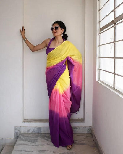 Yellow, Pink and Purple Linen Tri-Tone Saree