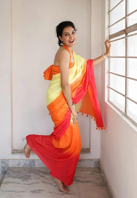 Yellow, Orange and Red Linen Tri-Tone Saree