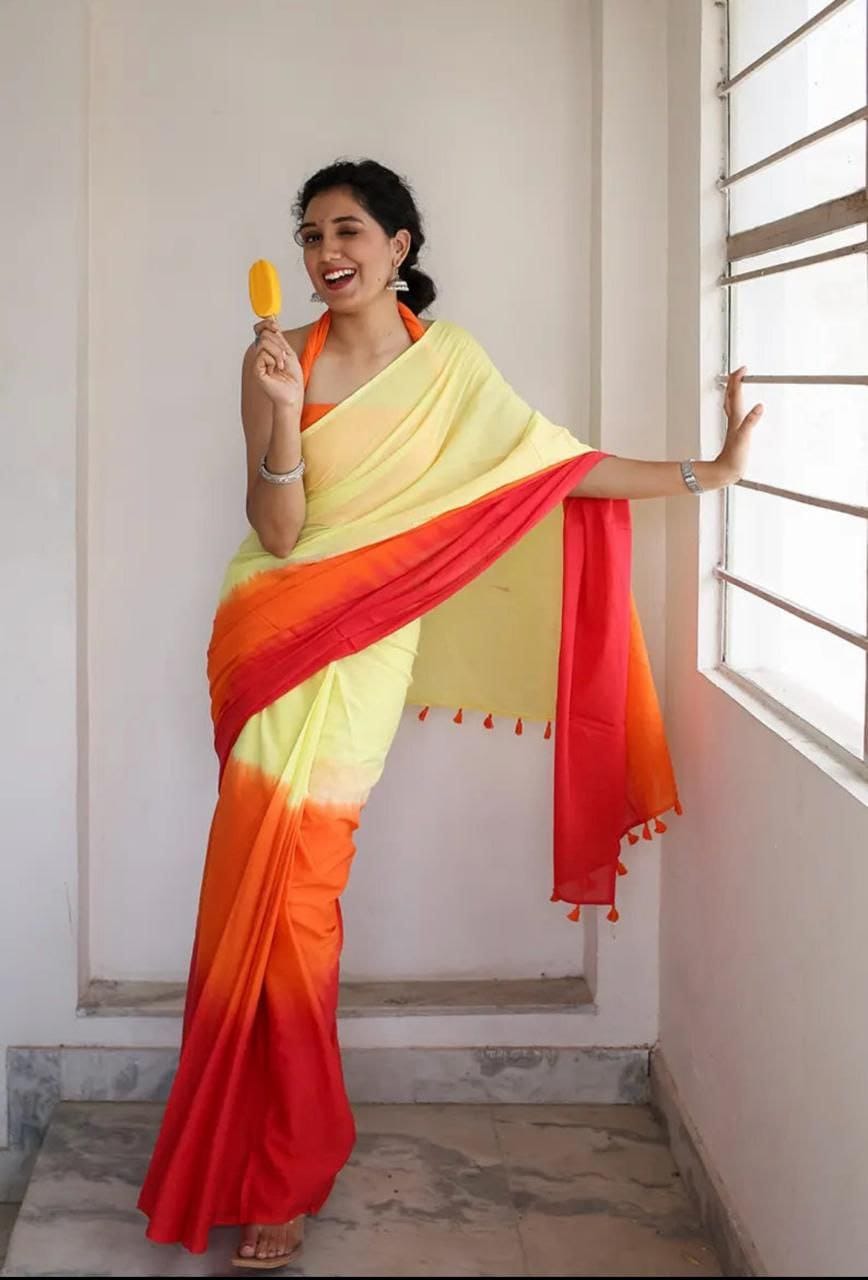 Yellow, Orange and Red Linen Tri-Tone Saree