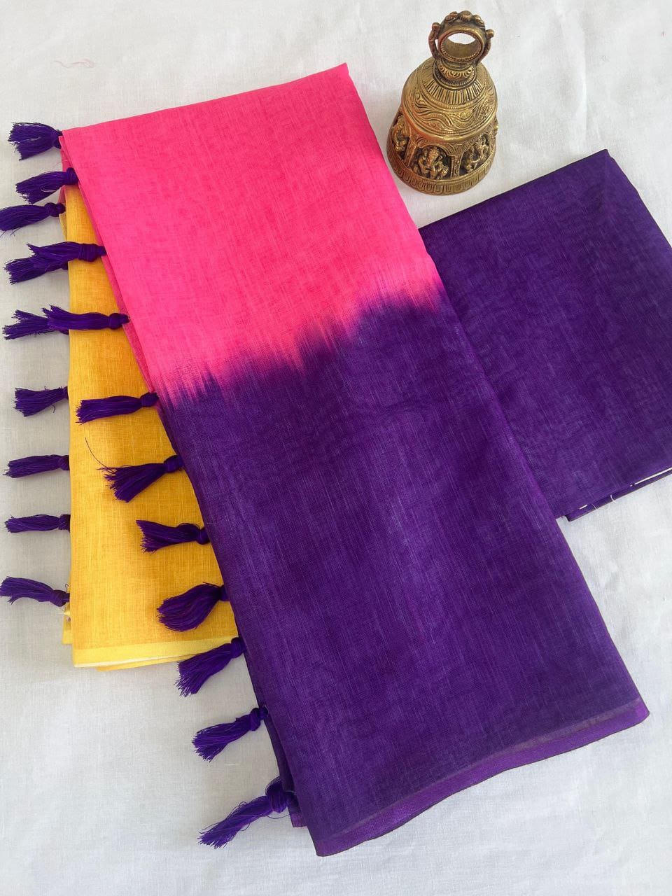 Yellow, Pink and Purple Linen Tri-Tone Saree