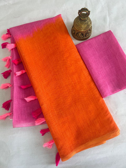 Pink and Orange Linen Dual Tone Saree