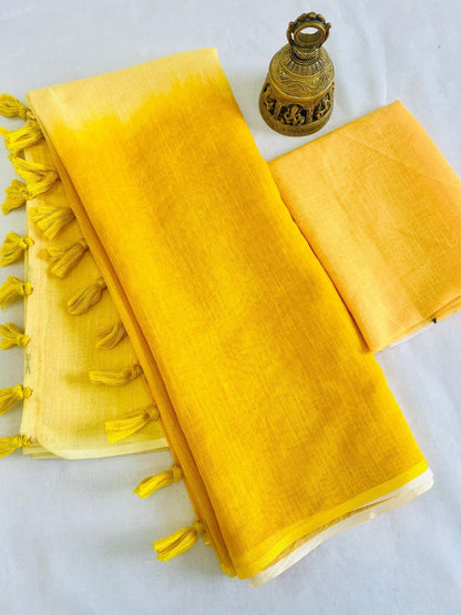 Pale Yellow and Bright Yellow Linen Dual Tone Saree