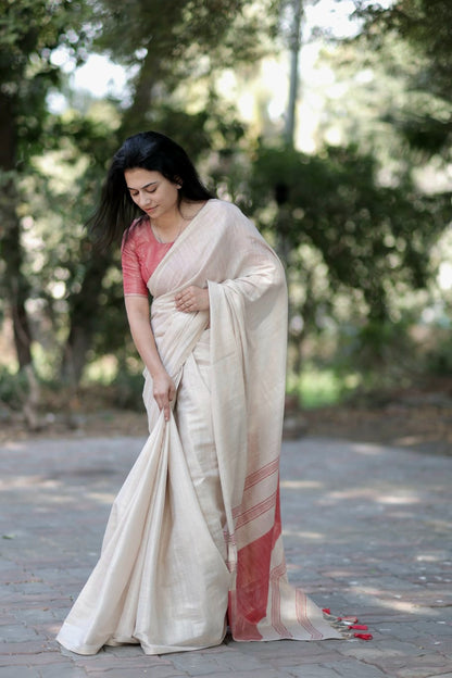 Off-White Linen Saree with Red Border