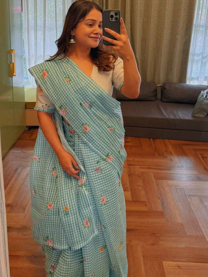 Light Blue Gingham Linen Saree with Floral Prints