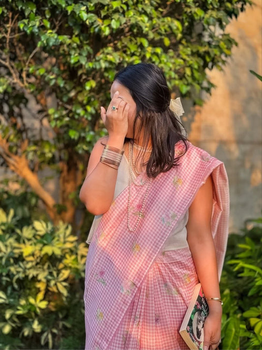 Pink Gingham Linen Saree with Floral Prints