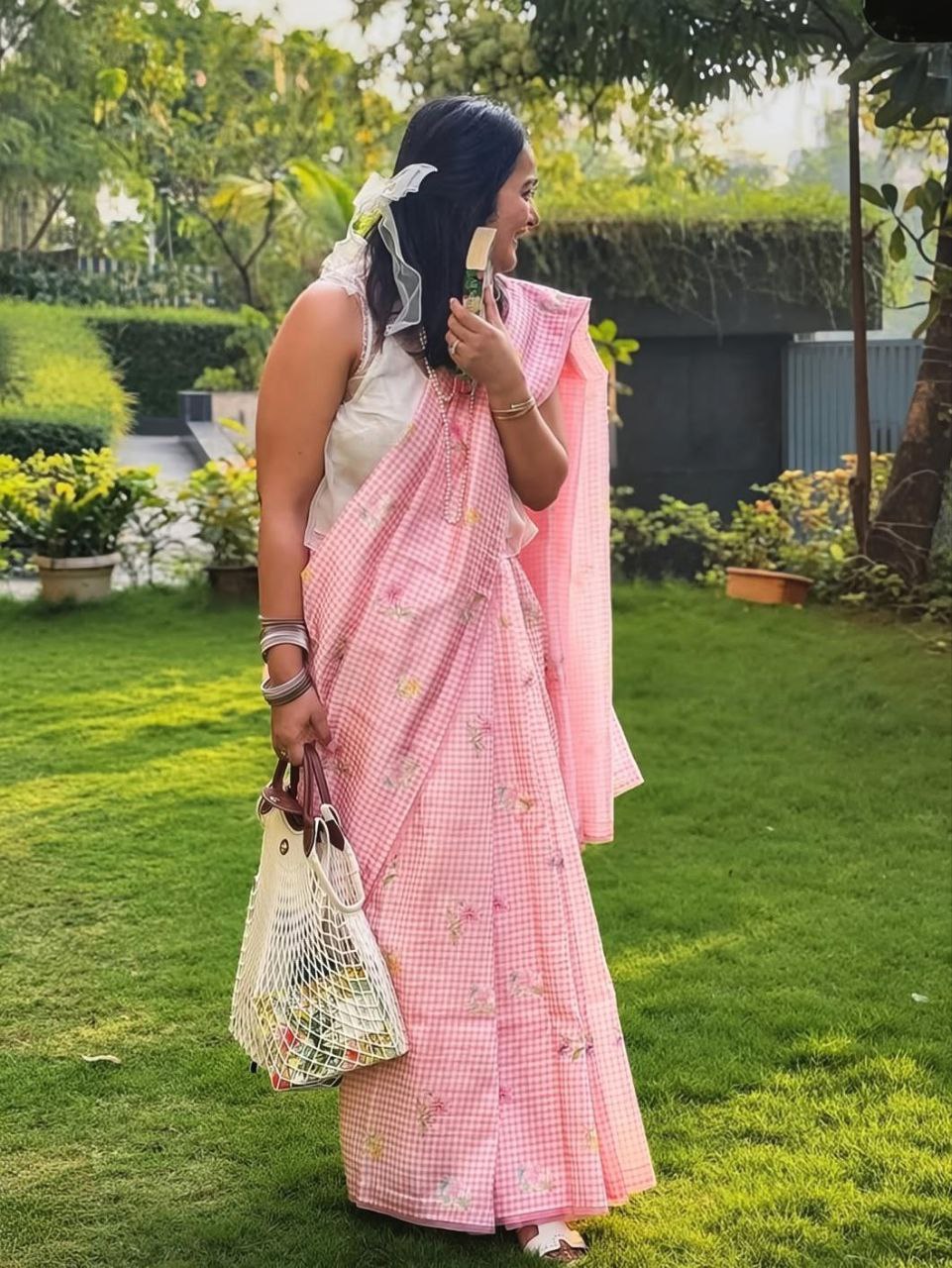 Pink Gingham Linen Saree with Floral Prints