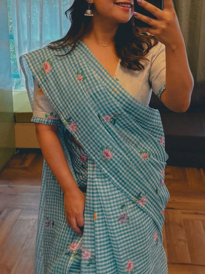 Light Blue Gingham Linen Saree with Floral Prints