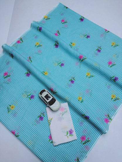 Light Blue Gingham Linen Saree with Floral Prints