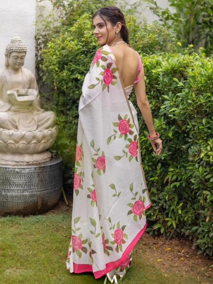 White Linen Saree with Pink Rose Print