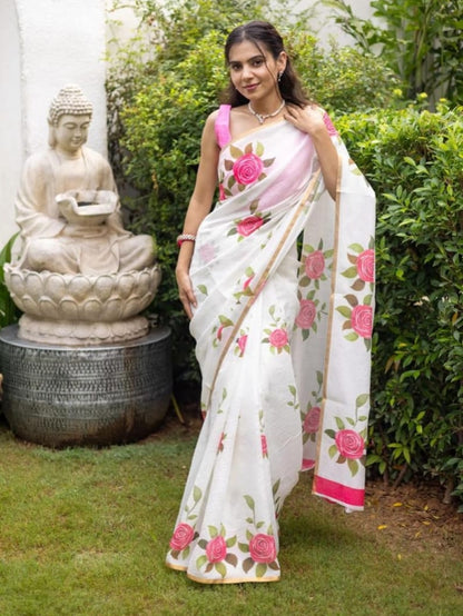 White Linen Saree with Pink Rose Print