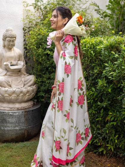White Linen Saree with Pink Rose Print