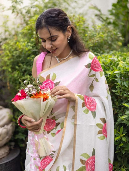 White Linen Saree with Pink Rose Print