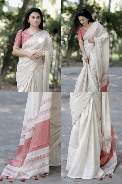Off-White Linen Saree with Red Border