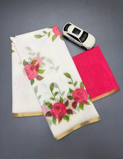 White Linen Saree with Pink Rose Print