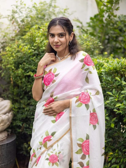 White Linen Saree with Pink Rose Print