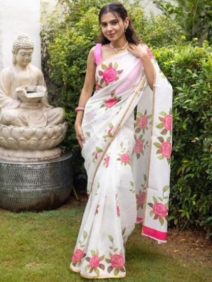 White Linen Saree with Pink Rose Print