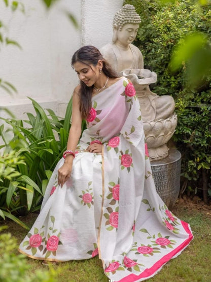 White Linen Saree with Pink Rose Print