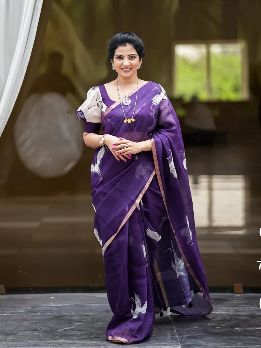 Deep Purple Linen Saree with White Crane Print