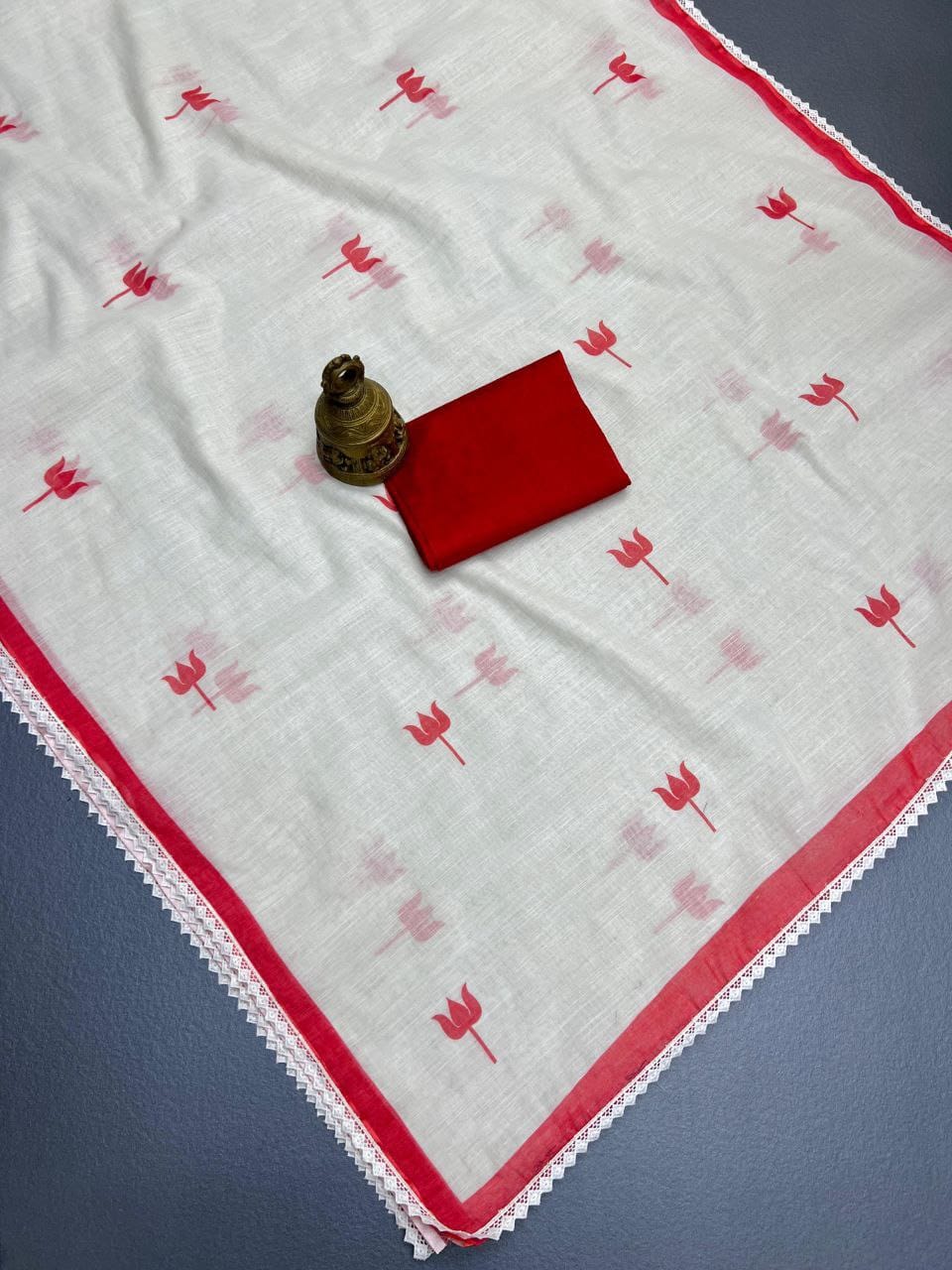 White Linen Saree with Red Tulip Print and Lace Border