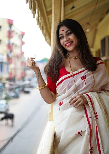 White Linen Saree with Red Tulip Print and Lace Border